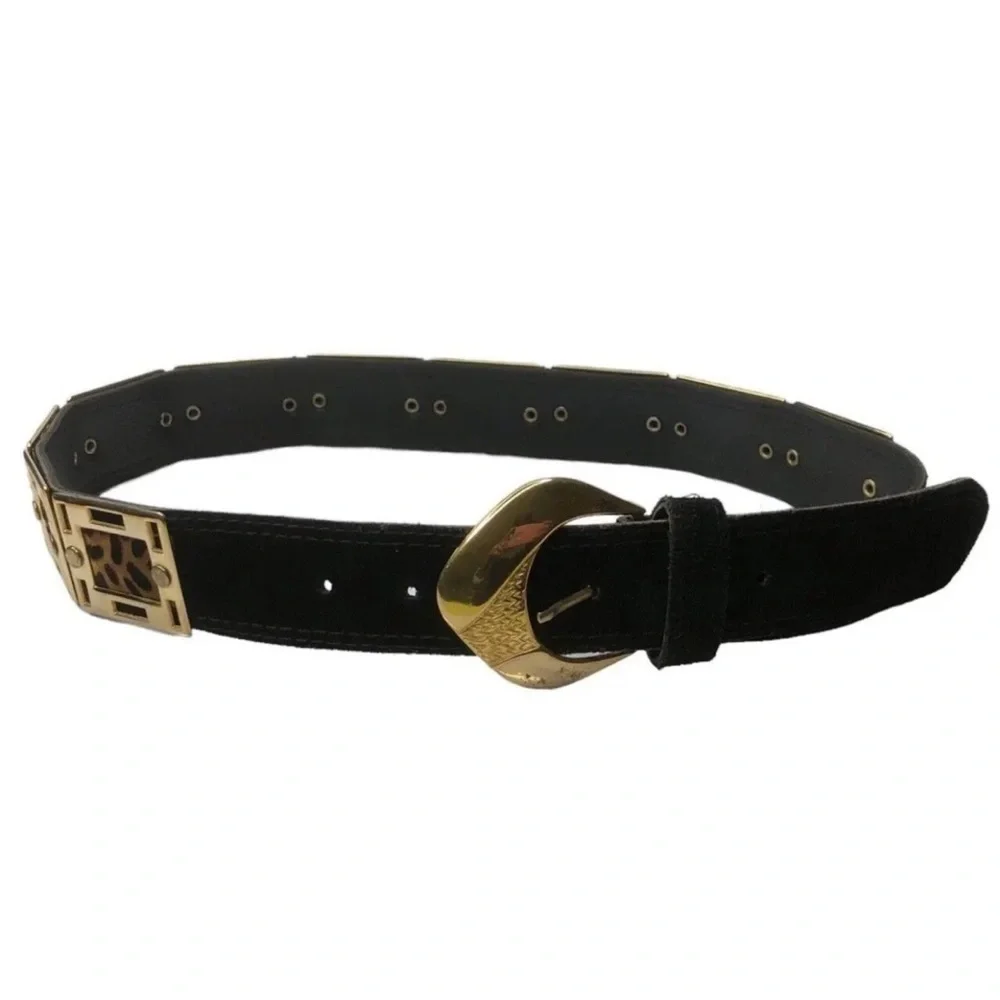 MVtg Benjo Womens Belt Black Leather Animal Print Gold Metal Squares Studs